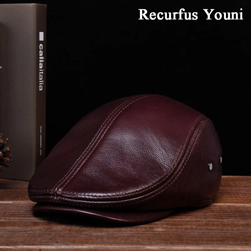 RY101-Boinas ajustadas de piel auténtica Para hombre, gorros informales cálidos, negros/marrones, Boinas Para Hombres de mediana edad, gorra delantera