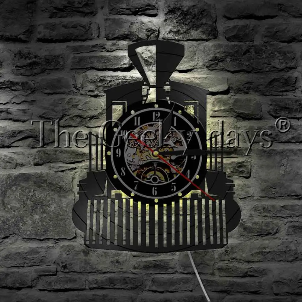 Vintage Steam Locomotive Express Train Vinyl Record Wall Clock LED Night Light Transportation Railroad Table Lamp Decor