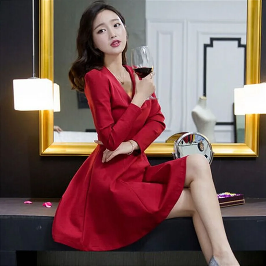 

Spring and autumn new authentic women's long section of the sexy V neck Korean Slim long-sleeved dress