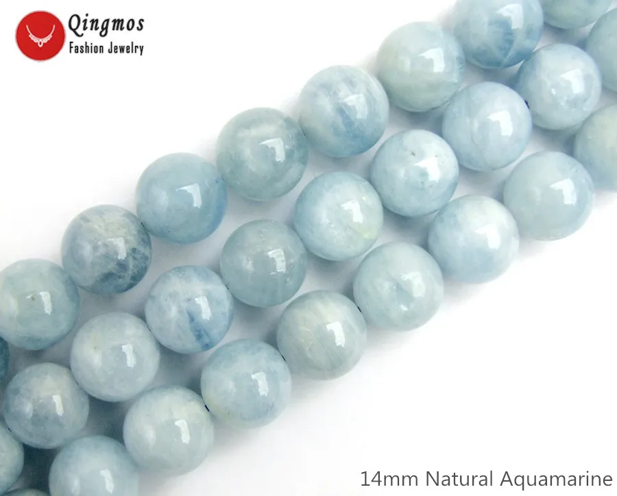 

Qingmos Natural 13-14mm Round Blue Aquamarines Stone Loose Beads for Jewelry Making Necklace Bracelet Earring DIY 15" los815