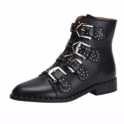 TIMETANG New Genuine Leather Women's Boots Fashion Rivet Ankle Boots On The Street Buckle Casual Motorcycle Boots Size34-44