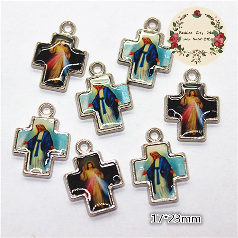 

50pcs 17*23mm Mix Saints Image One Side Epoxy Rosary Cross Charm,DIY Rosary Jewelry Accessories