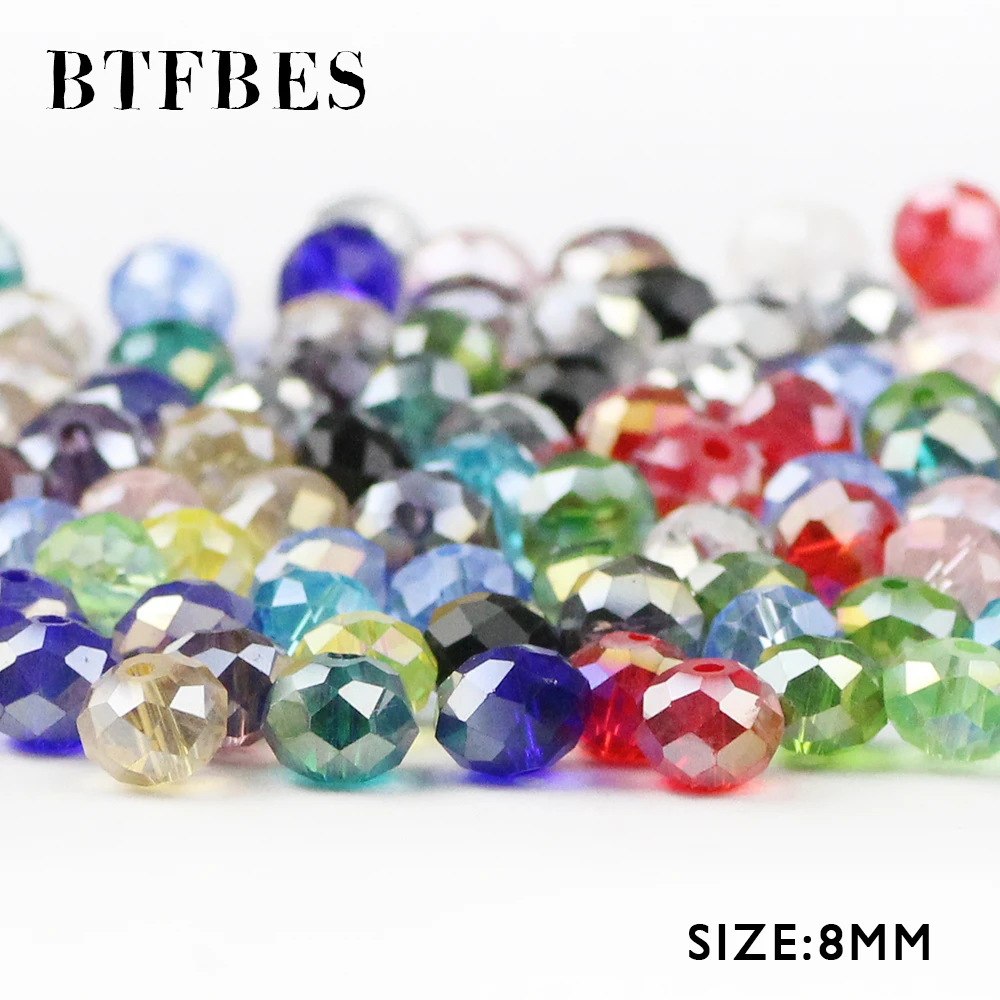 BTFBES Austrian Crystals 8mm 50pcs Faceted Flat Round glass Ball Loose Beads For Jewelry Bracelet earring Making Accessories DIY