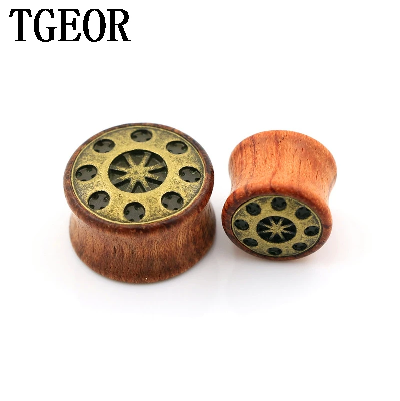 New Hot wholesale 70pcs gauges surface inlay bronze circle cross pattern original wood saddle ear plug free shipping