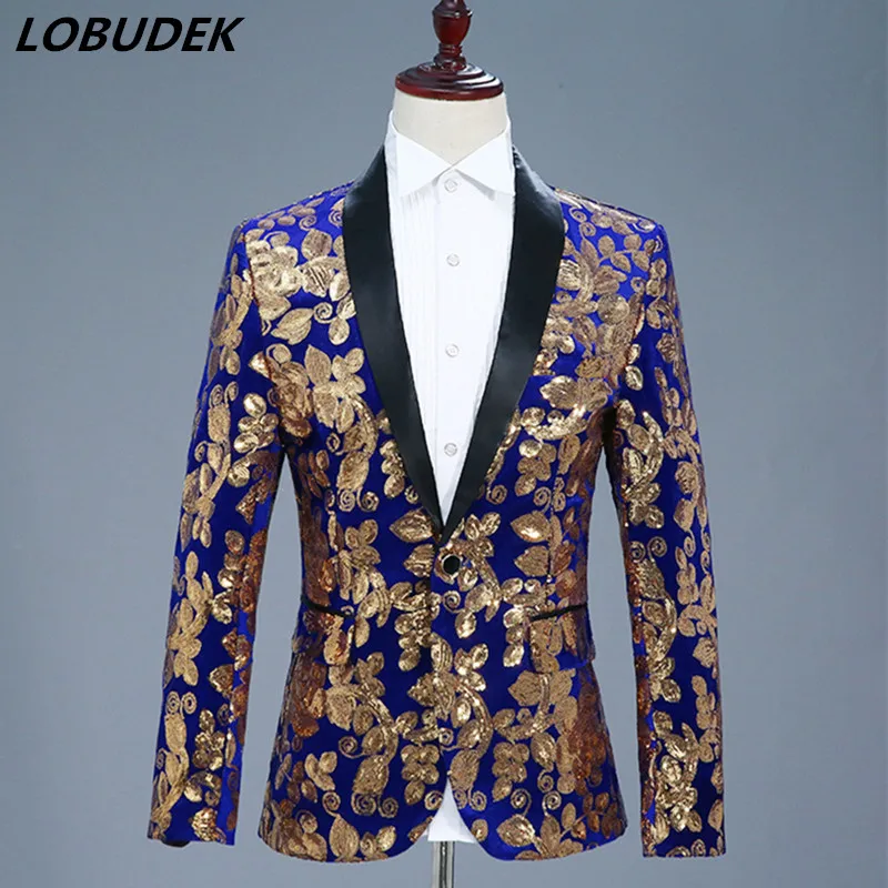 

High quality Men's Blazers Blue Black Red Sparkly Sequins Coat Outerwear Formal Clothing Prom Bar DJ Singer Host Stage Costume