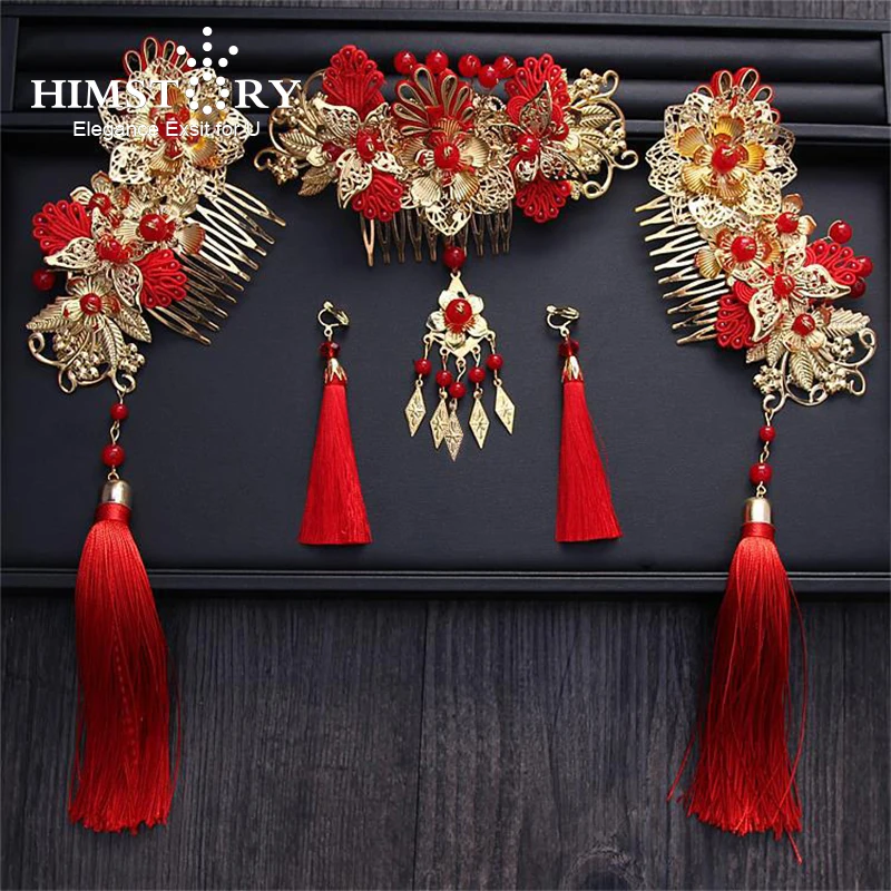 HIMSTORY Handmade Long Tassel Vintage Brides Hair Accessories Chinese Classical Wedding Headdress Jewelry Hair Combs Hairwear