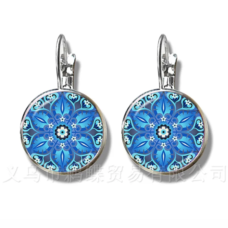 Classic Flower Of Life Stud Earrings Mandala Elegant And Complex Pattern 16mm Round Glass Dome Women Cabochon Jewelry