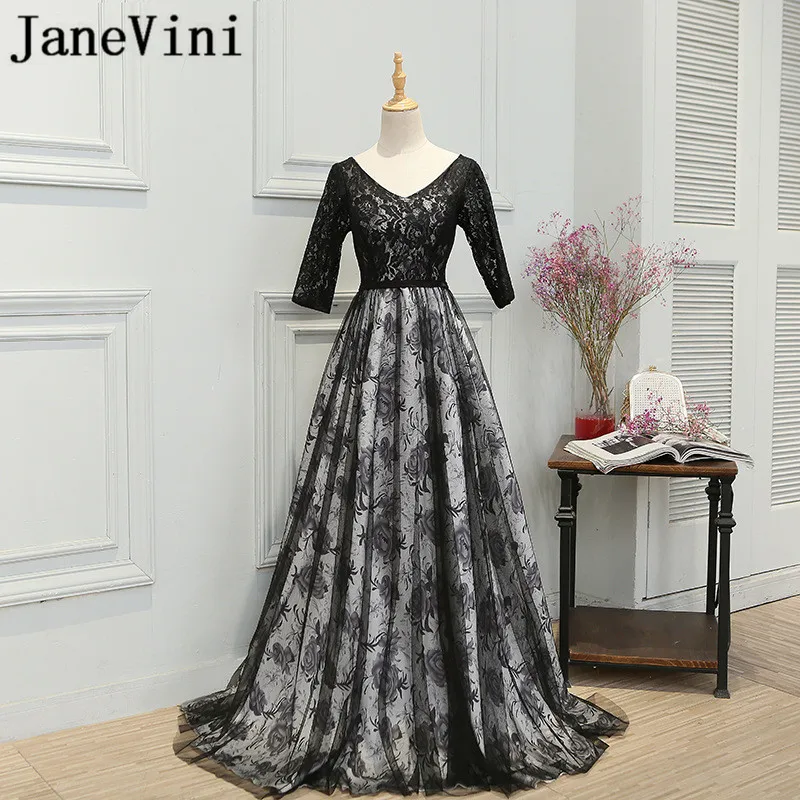 

JaneVini Vintage Black Floral A Line Mother of the Bride Dresses V Neck Half Sleeves Lace Floor Length Dubai Formal Party Gowns