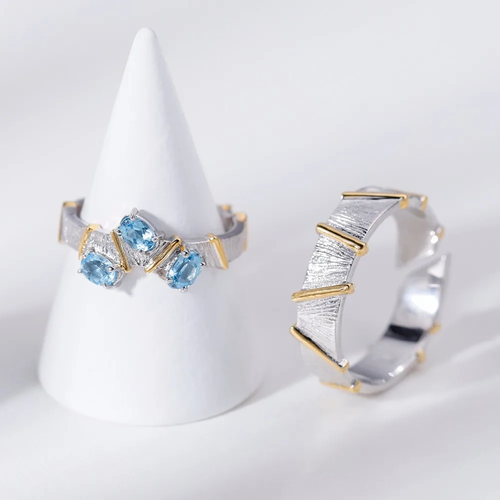 GEM\'S BALLET Natural Swiss Blue Topaz Cross Couple Rings 925 Sterling Silver Handmade Adjustable Open Ring For Women Engagement