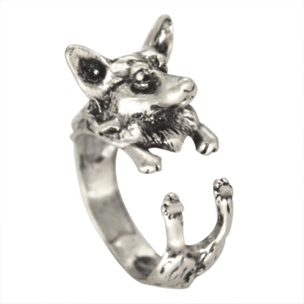 Kinitial Antique Wolf Ring Boho Chic Welsh Corgi Dog Ring Animal English Dog Ring Hippie Knuckles Rings for Women anel