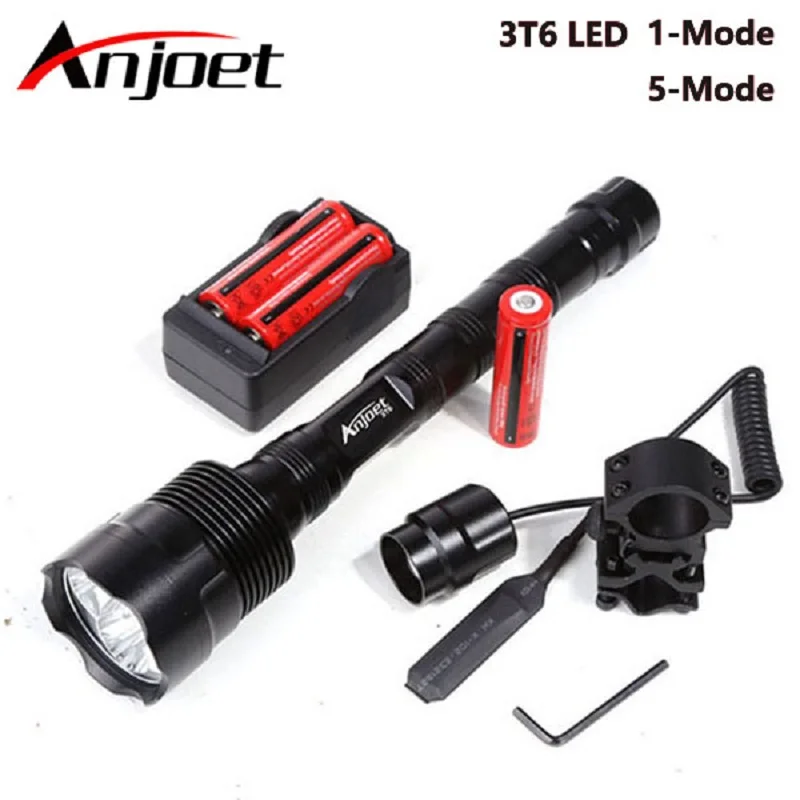 Anjoet 6000LM Rechargeable Led Flashlight XML 3T6 Waterproof 1/5 Mode 18650 Battery Tactical Hunting Camping Bicycle Flash Light