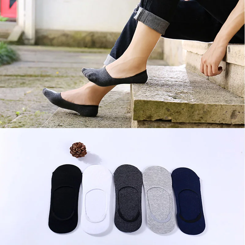 5 Pairs Men Non-slip Silicone Socks Solid Color Invisible Boat Socks Summer Absorb Care Skin High Quality Cotton Sock Slippers