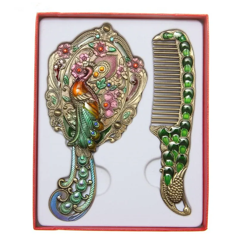 4 set Exquisite Retro peacock design makeup mirror maquillaje espejo Metal Portable mirror comb set Traditional Cosmetic mirrors