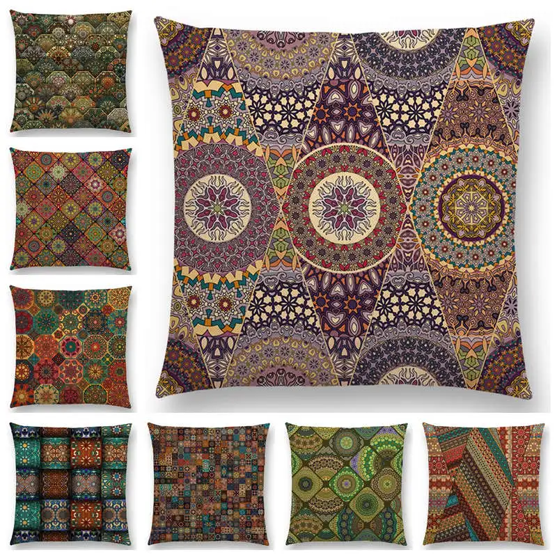 

Boho Colorful Abstract Ethnic Floral Pillow Case Mandalas Pattern Prints Vintage Patchwork Retro Geometric Cushion Cover