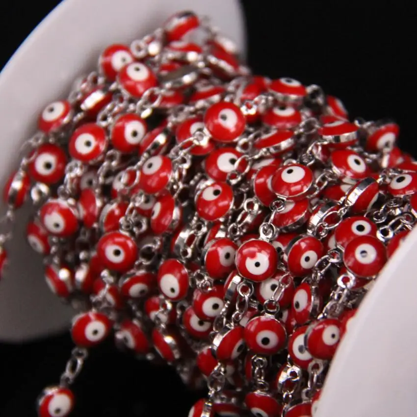 6 mét Mắt Đỏ Lampwork Beaded Mạ Bạc Chuỗi Mân Côi, Thủy Tinh Phẳng Đồng Xu Hạt Chuỗi Phong Cách, vòng đeo tay Bông Tai Vòng Cổ Thủ Công Mỹ Nghệ