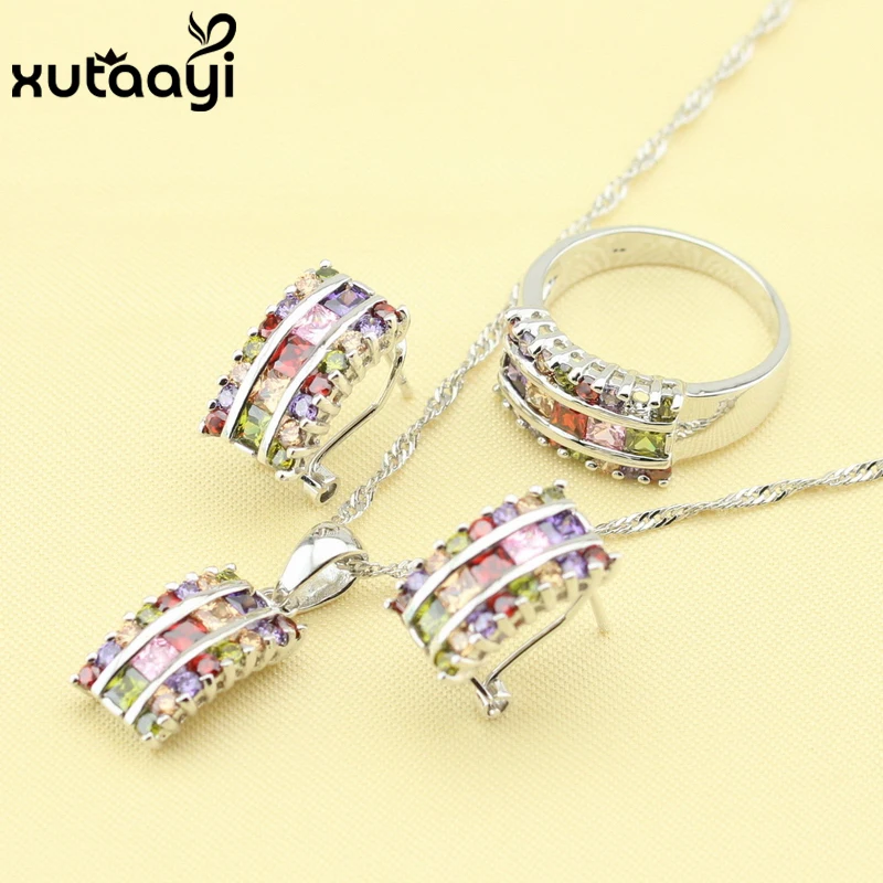 XUTAAYI Multicolor Stones Fashion  Silver Jewelry Sets For Women Superb Necklace Rings Earrings Wedding Jewelry