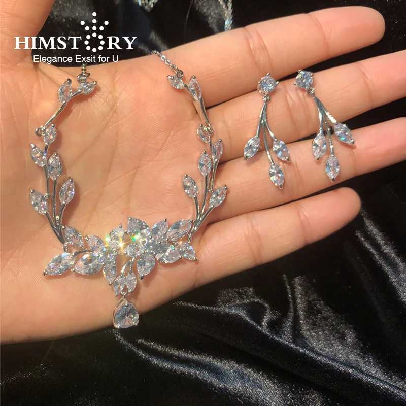 

Himstory Trendy Sliver Cubic Zirconia Bride Wedding Jewelry Set Woman Neckalce Flower Waterdrop Sterling Earring Jewelry Set