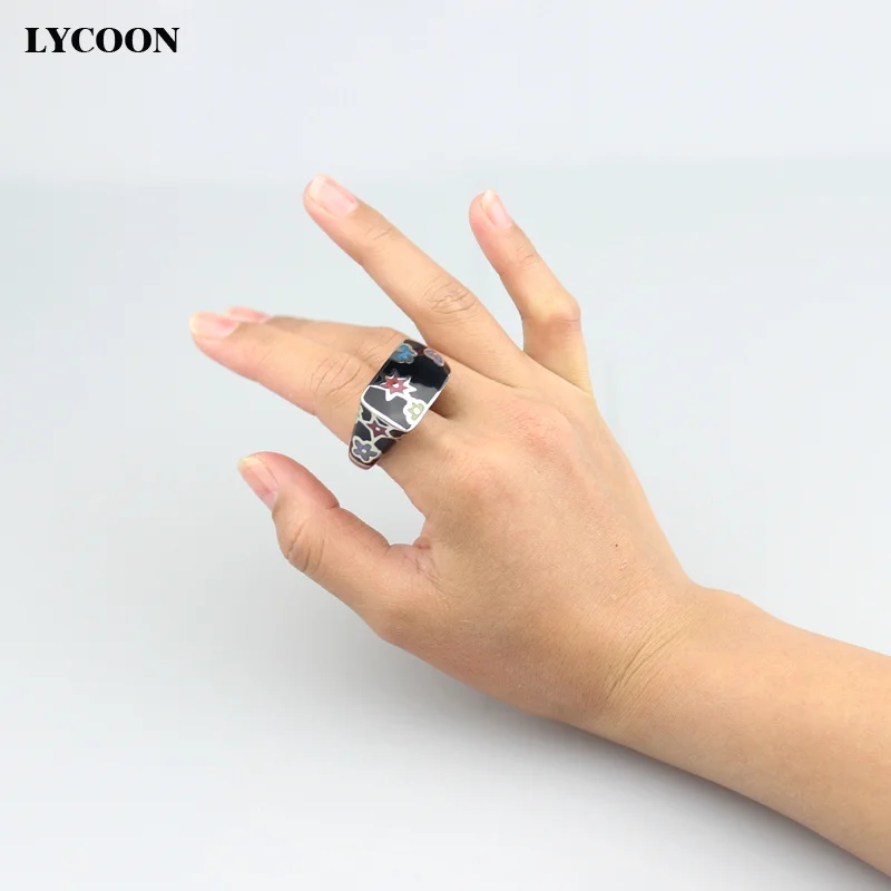 LYCOON Fashion woman colorful flowers resin rings 316L stainless steel polish Imported black Enamel ring in square shape SUK0009