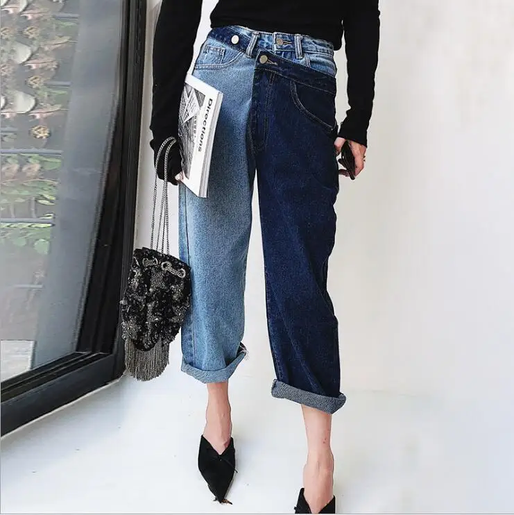 Patchwork Jeans Women Detachable High Waist Irregular Denim Pants Fake Two Piece Straight Jeans Female Loose Denim Trousers