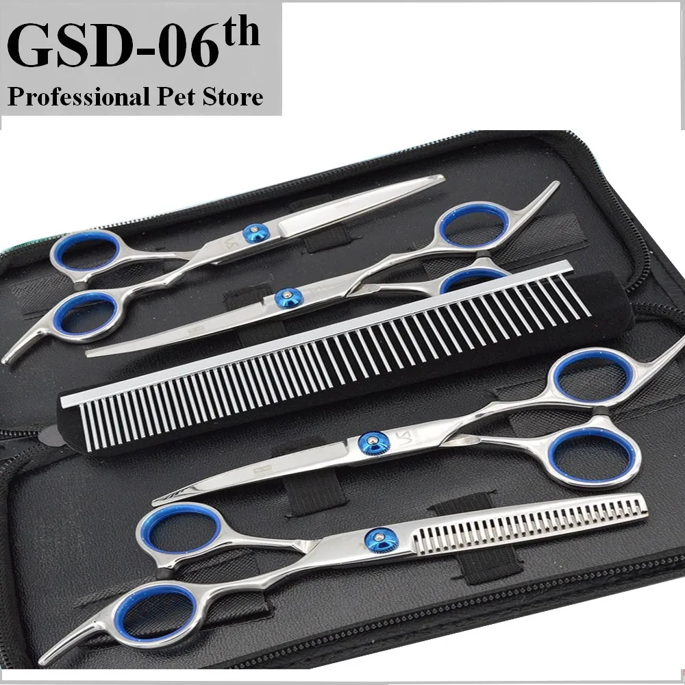 6“ Professional Pet Dog Cat Puppy Grooming Scissors Set Straight Thinning Curved Scissors Cutting 5pcs Set For Dog Cat Grooming