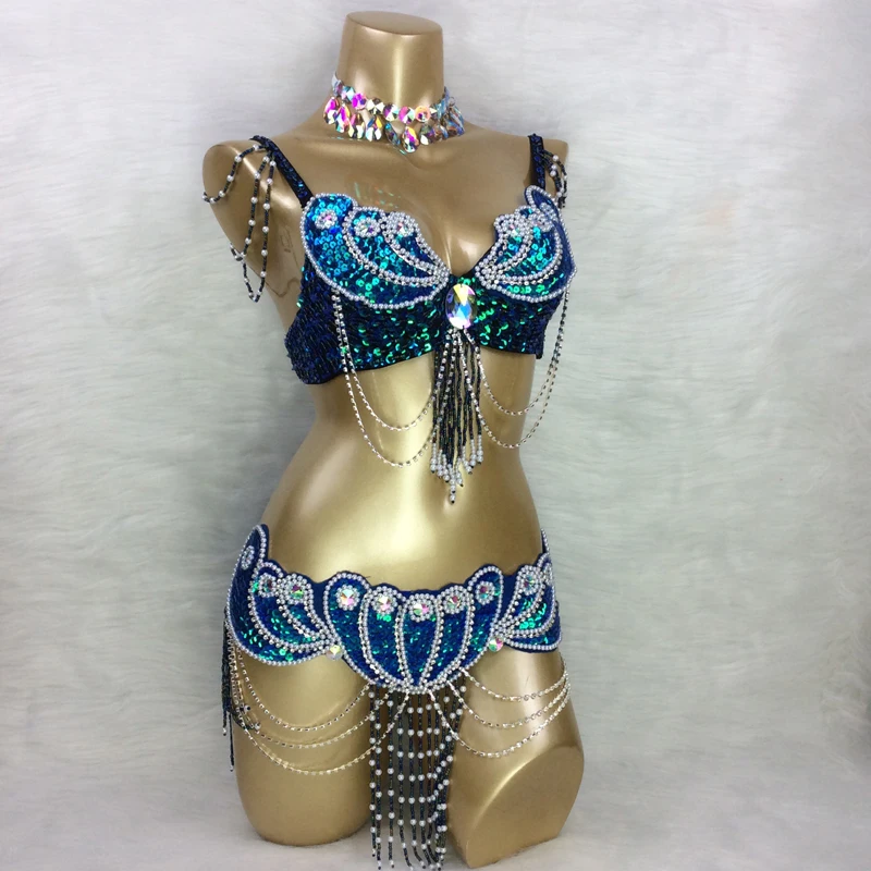 New arrival kobiet zroszony brzuch kostium taneczny nosić biustonosz + zestaw pasków Sexy panie bellydancing kostiumy karnawałowe ubrania bellydance