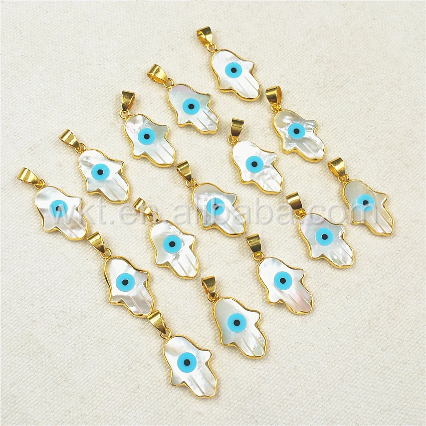 

WT- P883 Подвеска с золотой отделкой, из натурального белого перламутра, с символом Злого глаза, рука Хамса, грецкий глаз из говлита, бусина-талисман, для изготовления ювелирных изделий
