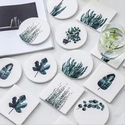 CFen A's Green Plant Drink Coasters Ceramic Coaster Tea Cup Pad Round Table Mat Coaster Coffee Tea Cup Place Mats 1pc