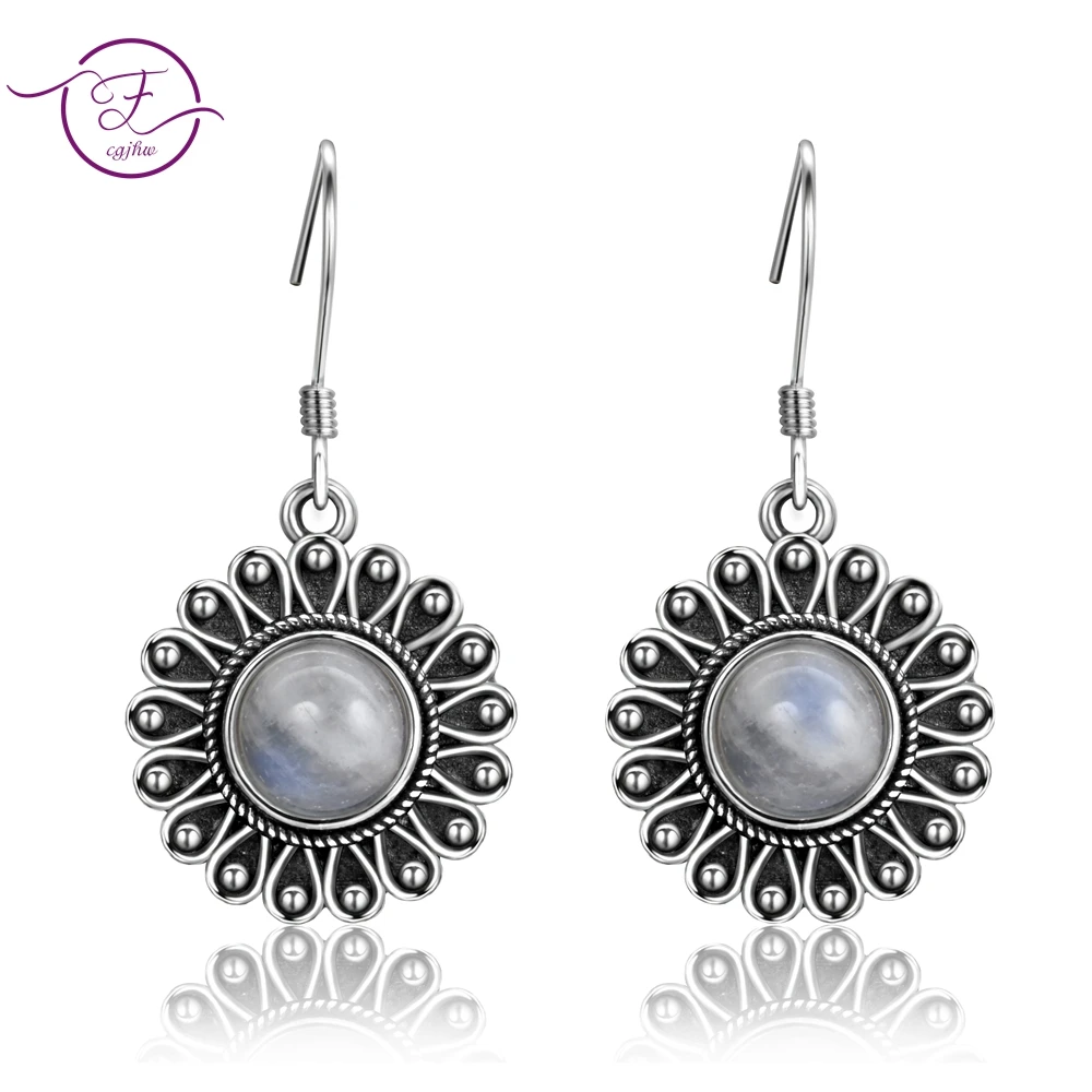 

Round Natural Moonstone 7MM Pretty Flower 925 Sterling Sliver Drop Earrings Women's Anniversary Party Jewelry