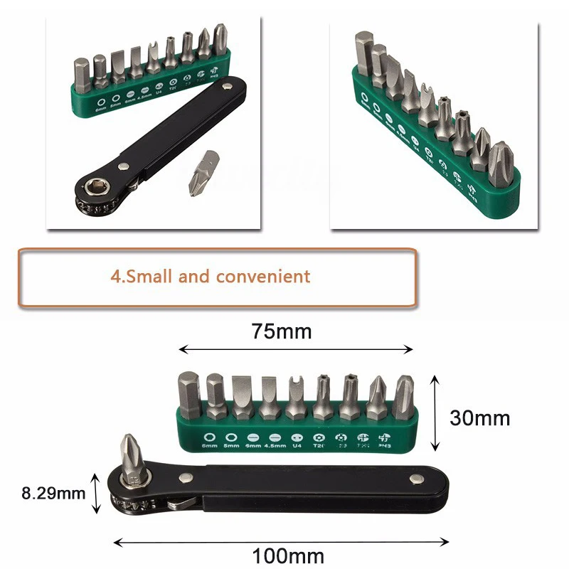 10 in 1 Mini Right Angle Offset Hand Ratchet Screwdriver Ratchet Driver Tool Set