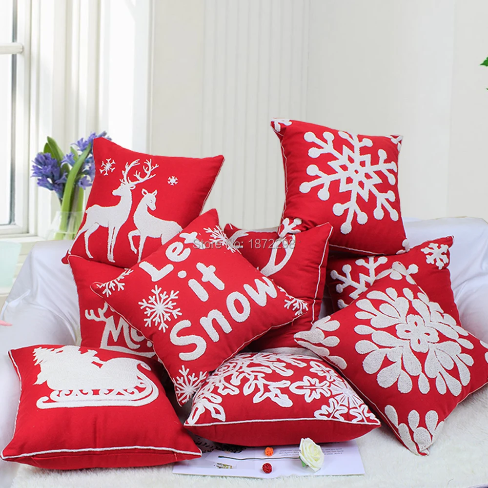 45*45cm Christmas Decoration Pillow Case Santa Claus Tree Sled Reindeer Small Bell Wool Embroidery Cushion Cove