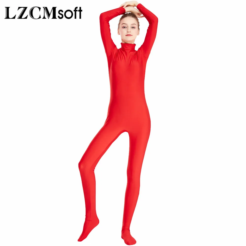 

LZCMsoft Plus Size Nylon Spandex Zentai Costume Long Sleeve Turtleneck Footed Unitards Women Stretch Zip Dancewear Cosplay Suits