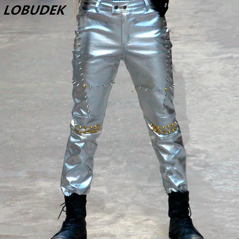 Super Star Stage Costume Silvery Rivet Slim PU Leather Pants Tide Fashion Leather Trousers Bar Jazz Hip-Hop Rock Stage Costumes