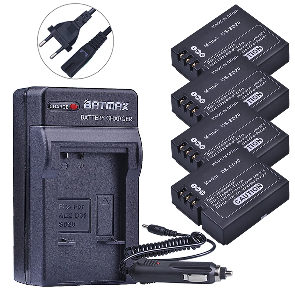 

4Pack DS-SD20 SD20 Battery+Digital Charger for AEE SD18 SD19 SD20 SD22 SD23 ROLLEI 3S 4S 5S 95287 ActionPro SD20F WiFe Hama Star