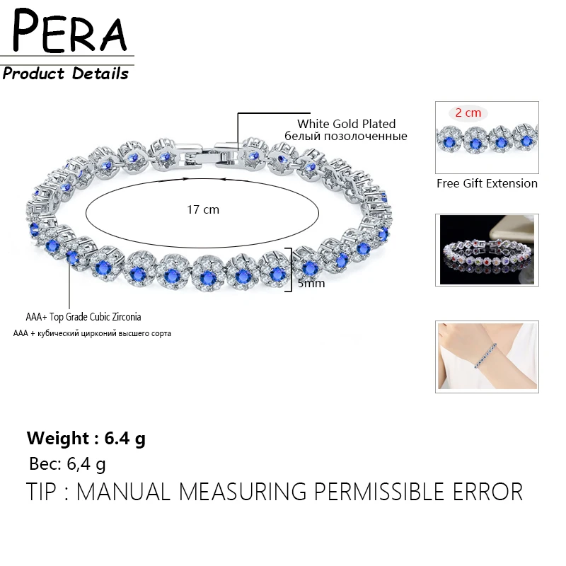 Pera New Fashion Royal Tennis Bracelets for Women Silver Color Big Cubic Zirconia Blue Flower Connected Party Charm Jewelry B117