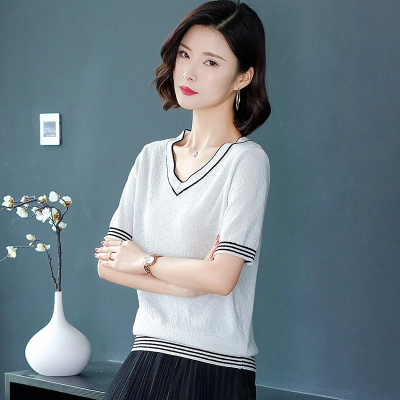 

V Collar Short Sleeve T-shirt Top Women Summer Korean Ice Silk Striped Casual Tee Female Loose Large Size Fashion T-shirts H9282