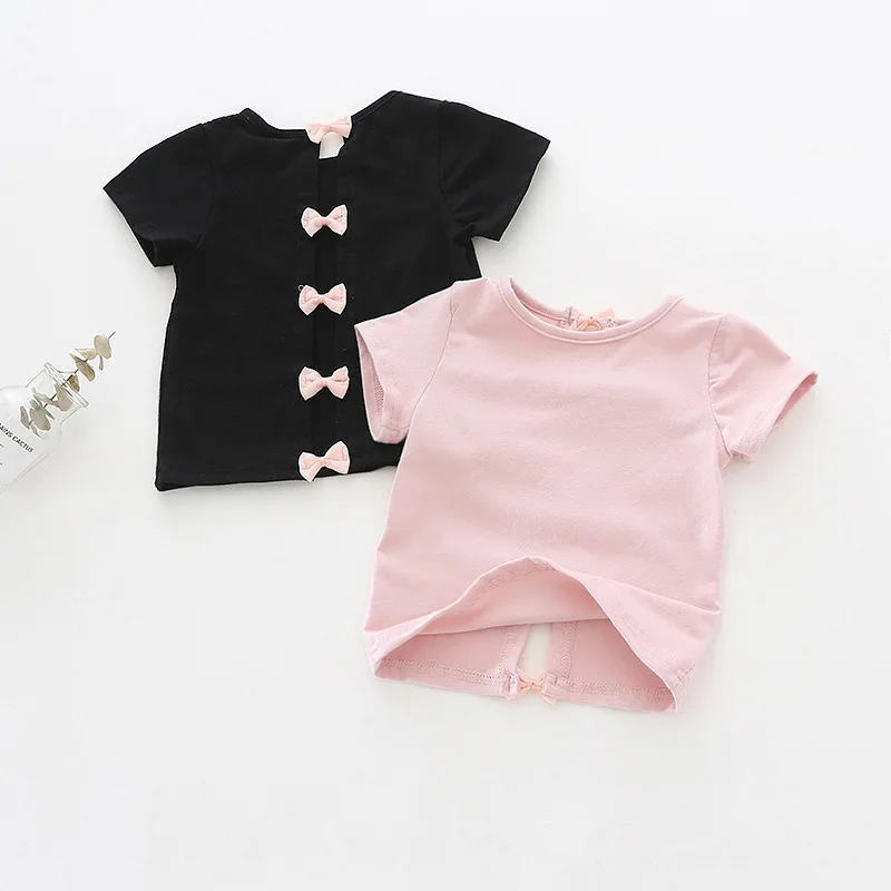 Girls'Short Sleeve T-shirt Backless Bow and Short Sleeve Summer New Children's Round-collar Cotton Blouse Children's Wear