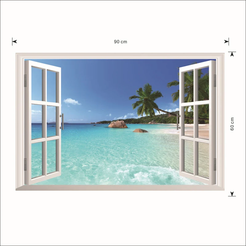 Landscape False Windows 3D Wall Sticker Hawaii Style Living Room Bedroom Background Decoration Decals Removable Home Wallpaper