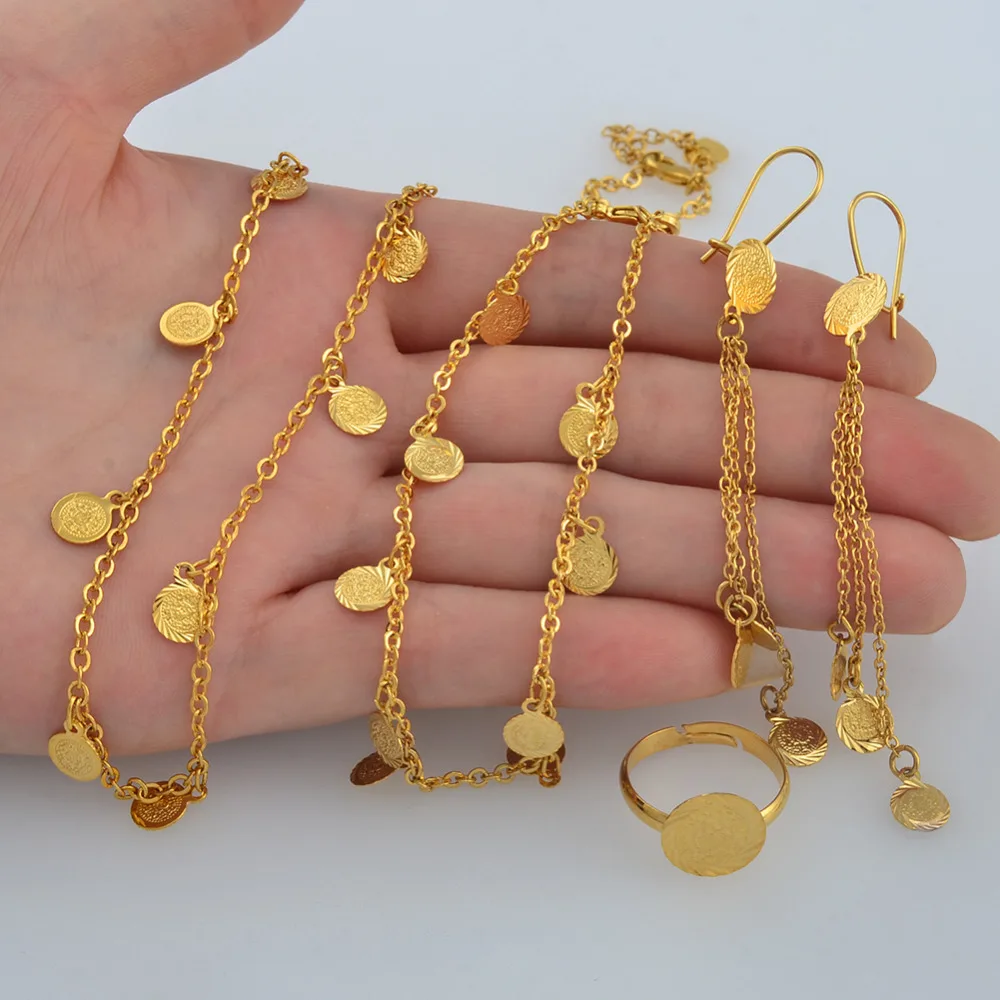 Anniyo Small Coin Jewelry Set for Girls,Necklace Earring Bracelet Ring Gold Color Arab Jeweler Metal Coins for Kids #049706