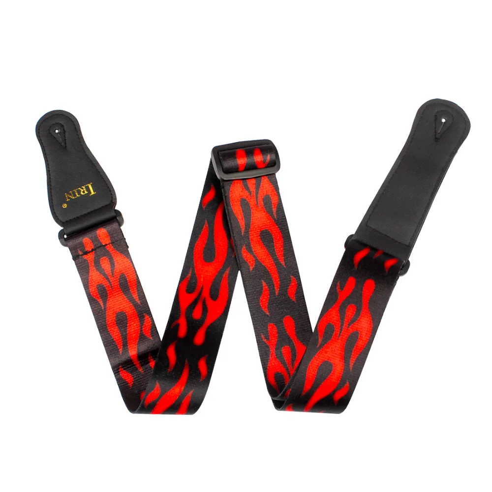 Adjustable Guitar Strap Red Flame Pattern Guitar Strap Belt with Leather Ends for Acoustic Folk Electric Guitar Bass