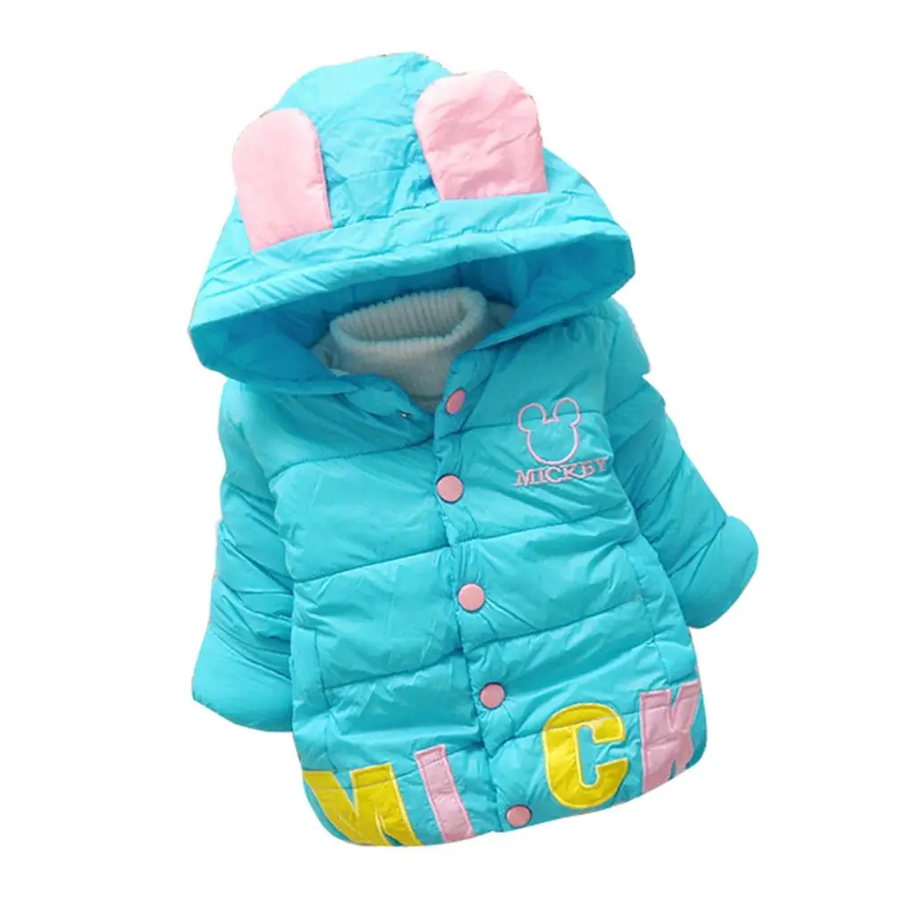 Xmas New Baby Winter Warm Outwear Girls Bunny Ear Hoodie Lovely Clothes Cartoon Flocking Cotton-padded Jacket Button Coat