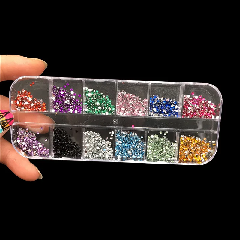 New Mix 12 Color 2mm Circle Beads Nail Art Tips Rhinestones Deco Glitters Nail Decoration with Hard Case Acrylic UV Gel