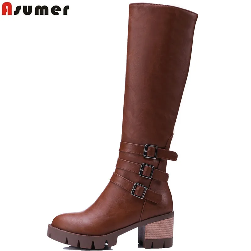 ASUMER big size 34-43 modne buty do kolan okrągłe toe zip klamra buty na kwadratowym obcasie kobieta jesienne buty zimowe damskie wysokie botki