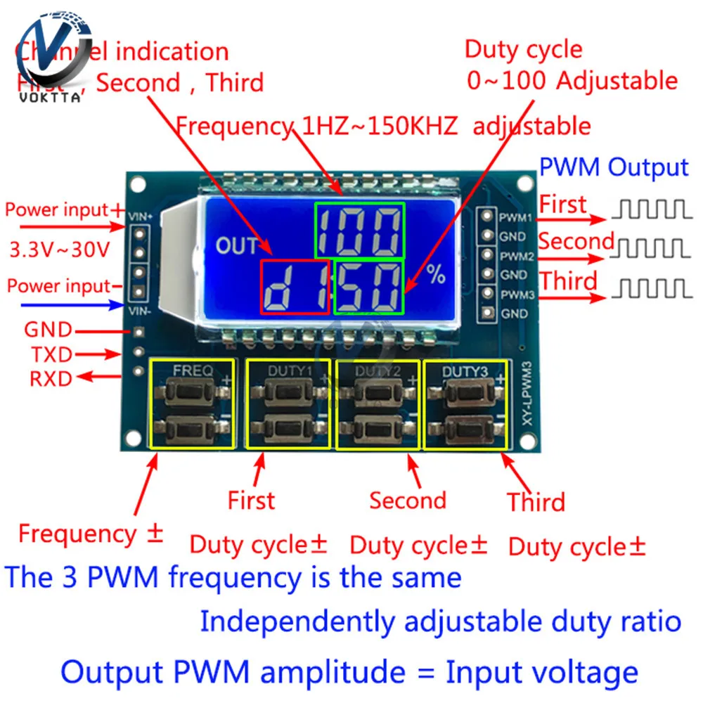 3 Way Frequency Meter Signal Generator Module 1Hz-150 KHz Duty Cycle PWM Pulse Signal Generator with LCD Display