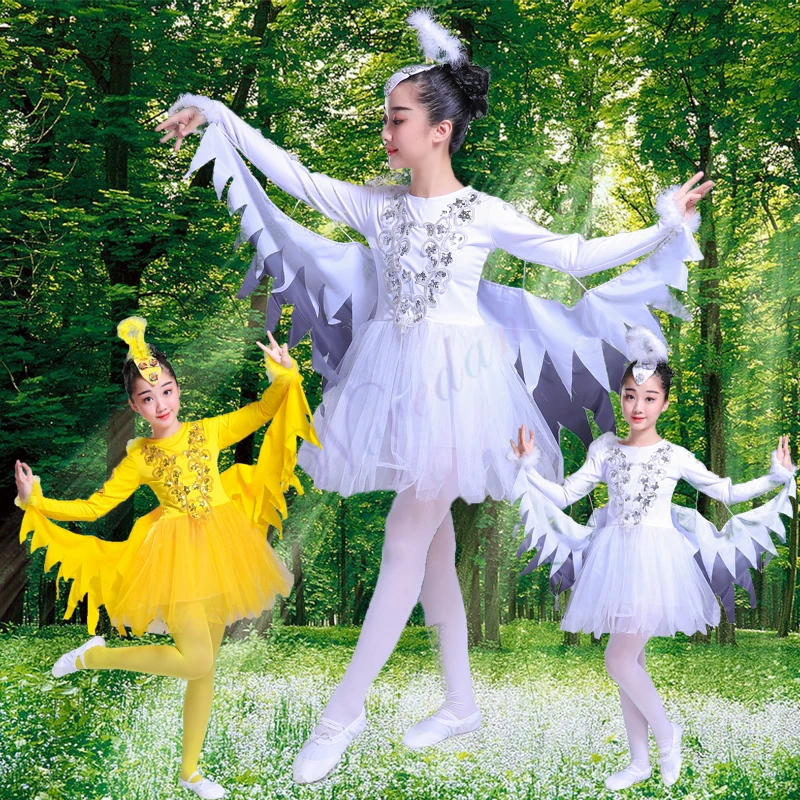 Children White Swan Ballet Dance Costumes Modern Dance Animal Costumes Fantasia Halloween Birds Clothing With Angel Wings