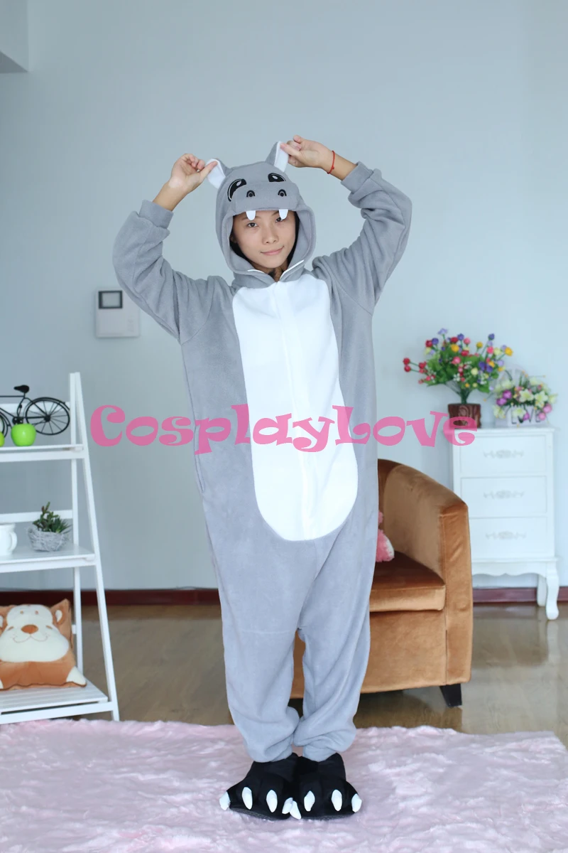 Gray Hippo Pajamas Animal Cosplay Costume Kid Adult Pajamas Onesies Cartoon Sleepwear Sleepsuit