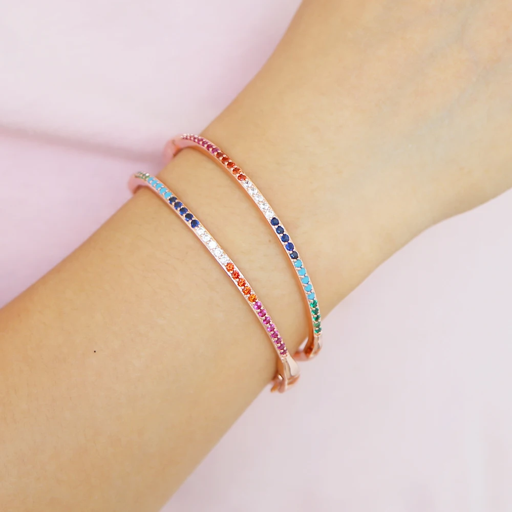 Luxury Classic Fashion Multi Color Full Rainbow Cz Bracelets Elegance Women Girl Simple Open Adjust Romantic Charm Brand Jewelry