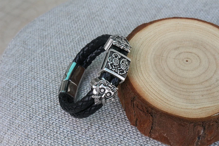 viking slavic Cowhide bracelet men Black Braided Leather Cuff Stainless Steel Magnetic Clasp 100% Genuine Leather Bangles