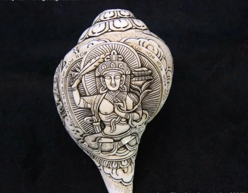 Nepal Shell Carved Manjushri sword tara Guanyin Statue conch Horn Trumpet Bugle