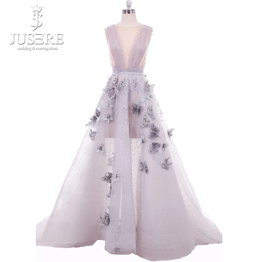 

Jusere Haute Couture Tank Pleated V neckline Open Back Beading Light Grey Prom Formal 3D Flower Lace A line Evening Dress