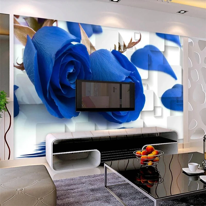 Custom wallpaper 3D purple flowers blue rose reflection box TV background wall stereo soft package 3d wallpaper papel de parede